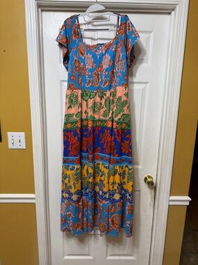 Xhilaration Blue and Orange Floral Smocked Dress